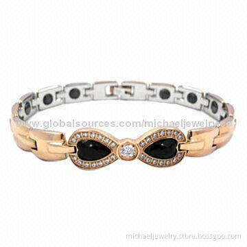 Magnetic Stainless Steel Bracelets with 29pcs of CZ Stones/Onyx and Interval of Plating IP Rose Gold